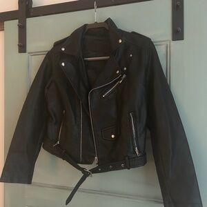 Large Black Moto Faux Leather Cropped Jacket